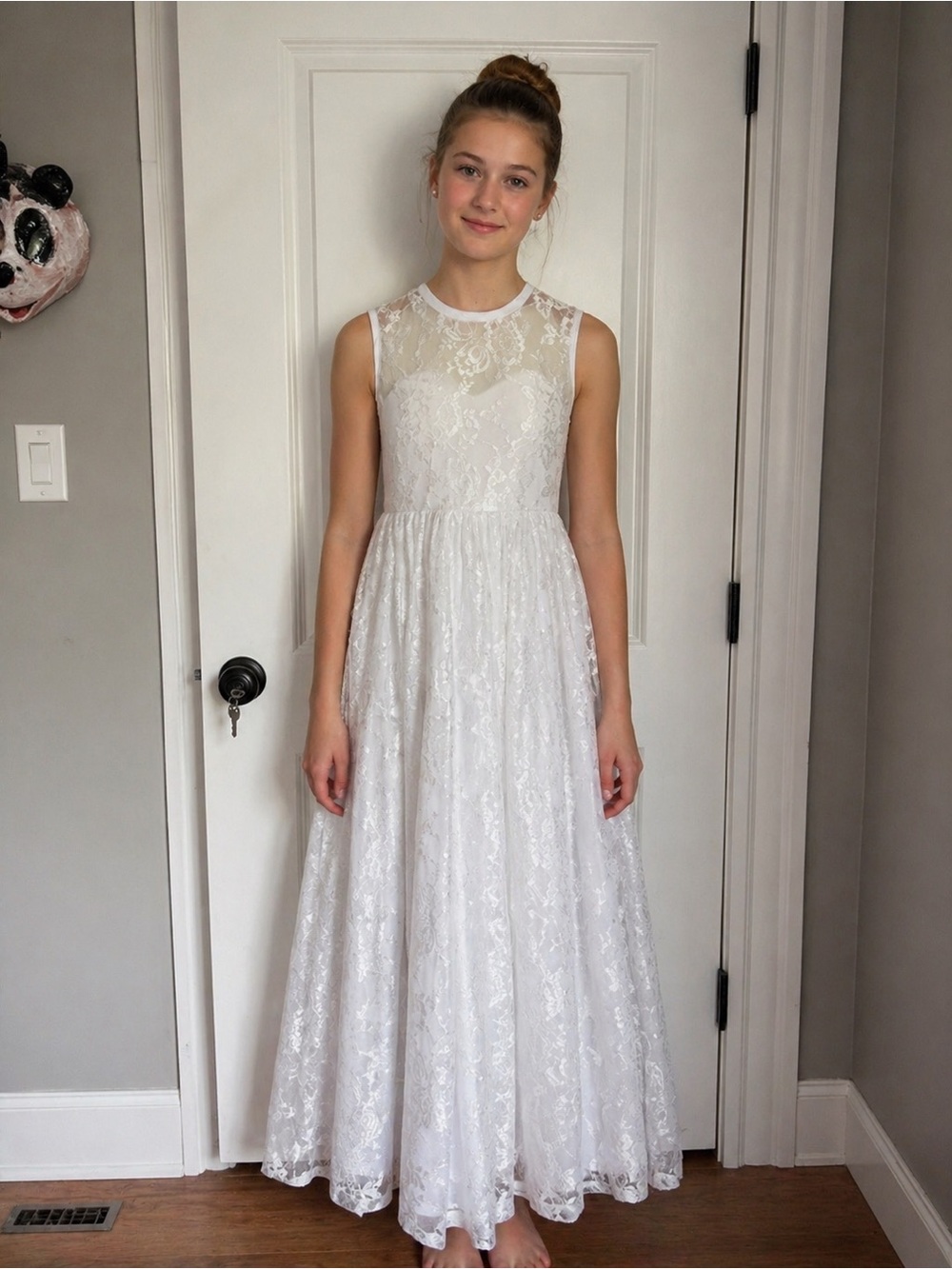 First Communion White Lace Sleeveless Long Maxi Dress with Bow | Size 7/8